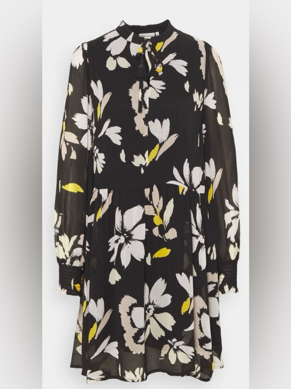 InWear Black Floral Long-Sleeve Tie-Neck Mini Dress